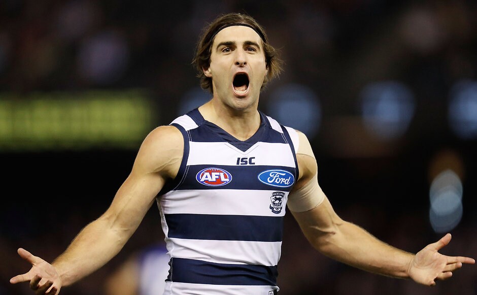 AFL 2016 Rd 12 - Geelong v North Melbourne MELBOURNE, AUSTRALIA - JUNE 11: Shane Kersten of the Cats celebrates a goal during the 2016 AFL Round 12 match between the Geelong Cats and the North Melbourne Kangaroos at Etihad Stadium on June 11, 2016 in Melbourne, Australia. (Photo by Michael Willson/AFL Media)